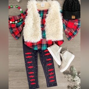 Festive Plaid Outfit with Faux Fur Vest